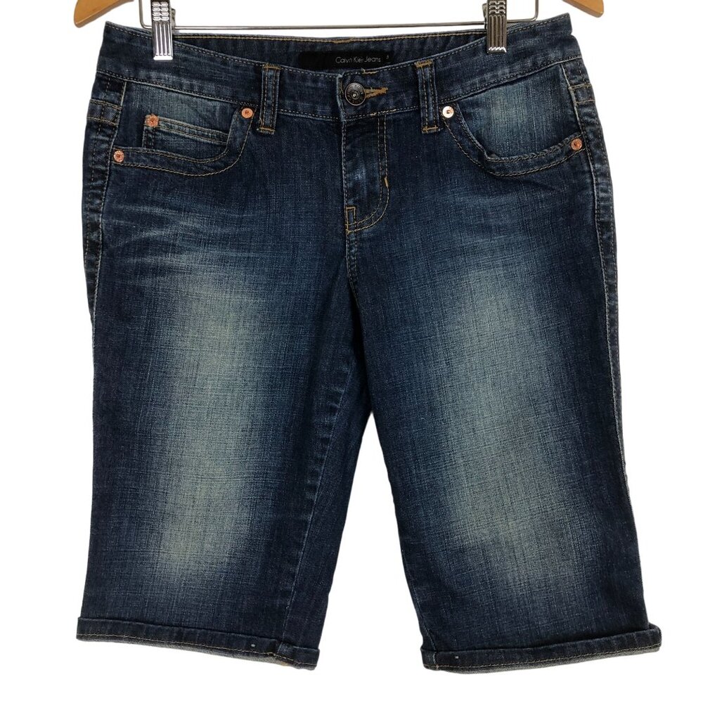 Calvin Klein Womens Denim Bermuda Shorts Size 8 Mid-Rise Casual Blue Stretchy
